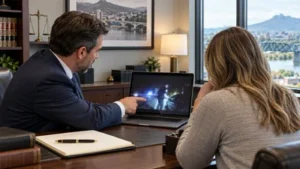 A Tennessee DUI defense attorney and client review body camera footage on a laptop in a law office.