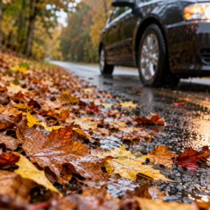 Car tire on a road covered with wet autumn leaves in Tennessee.