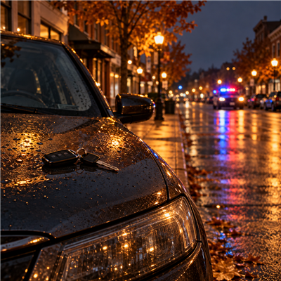 Car keys on a parked vehicle along a wet Chattanooga street at dusk, with distant police lights.