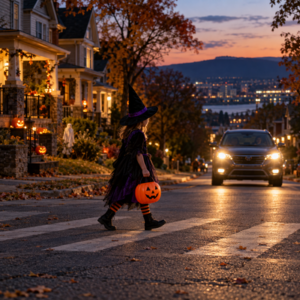 Costumed pedestrian crosses a Chattanooga street on Halloween at dusk as a driver approaches slowly