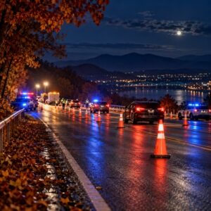 A Tennessee driver speaks with a police officer during a nighttime Halloween traffic stop.