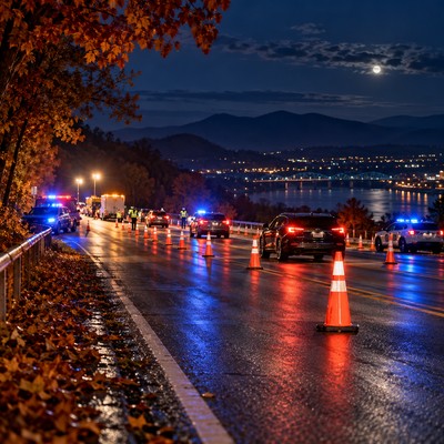 A Tennessee driver speaks with a police officer during a nighttime Halloween traffic stop.