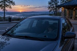 A person sleeping in a parked car at a Tennessee rest stop before sunrise.